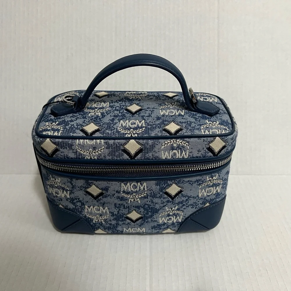 MCM Blue Logo Monogram Crossbody Vanity Case